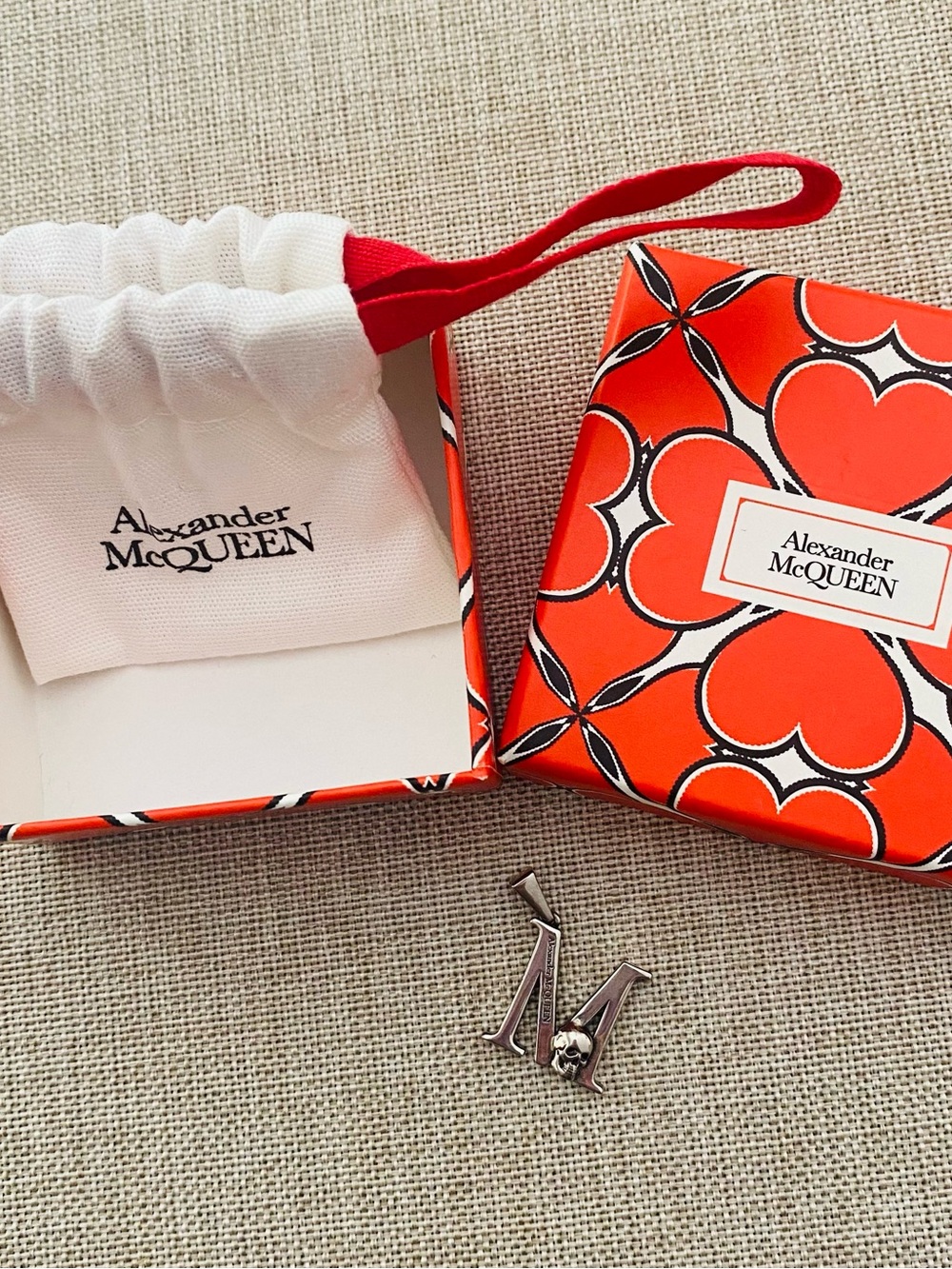 Alexander McQueen Silver M Logo Key Charm with Skull Accent